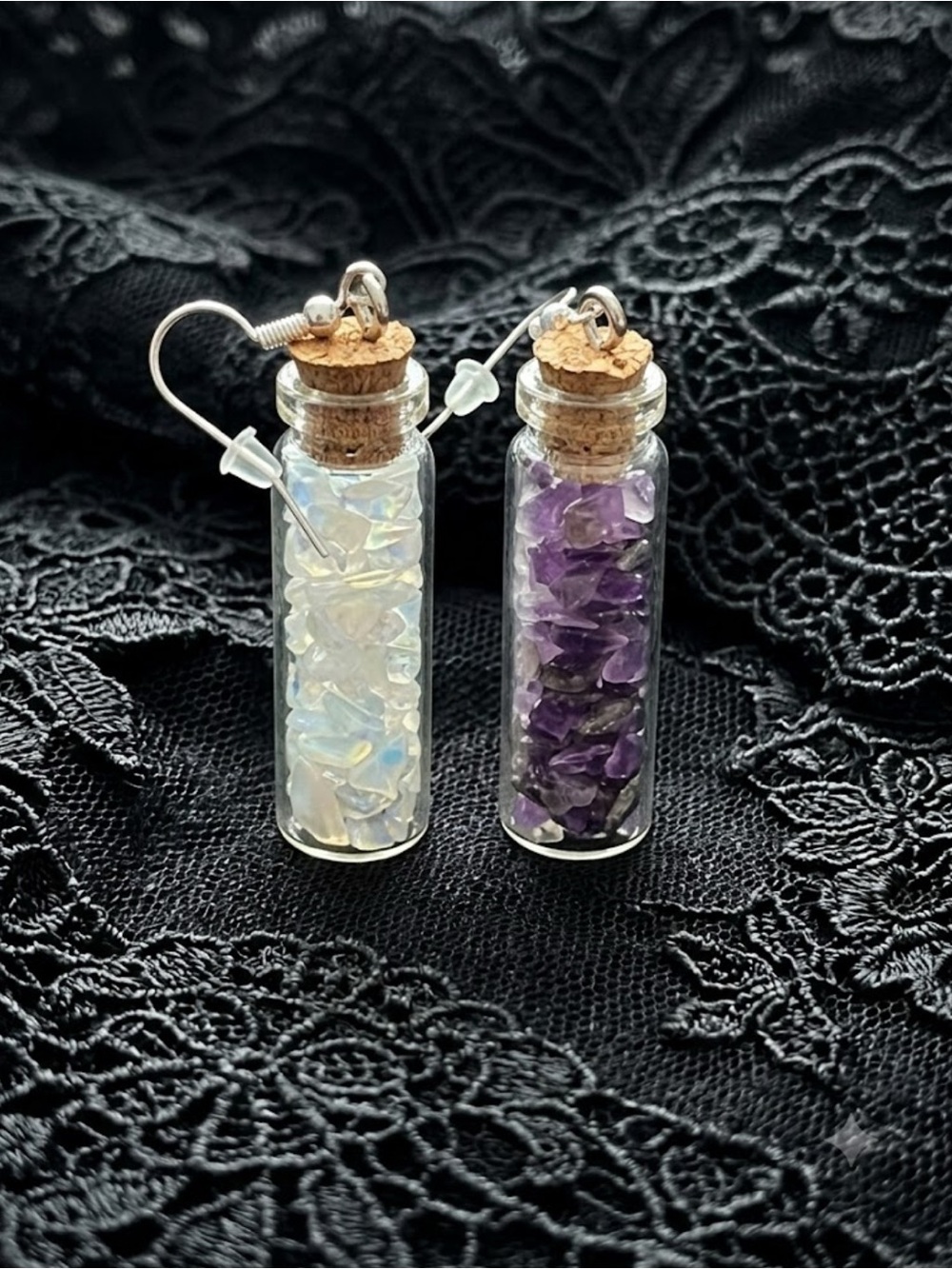 Opalite and Amethyst Crystal Chip Glass Spell Bottle Drop Earrings